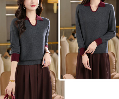 Chic Contrast Collar Ribbed Knit Top – Women's Polo V-Neck Sweater - LAI MENG FIVE CATS