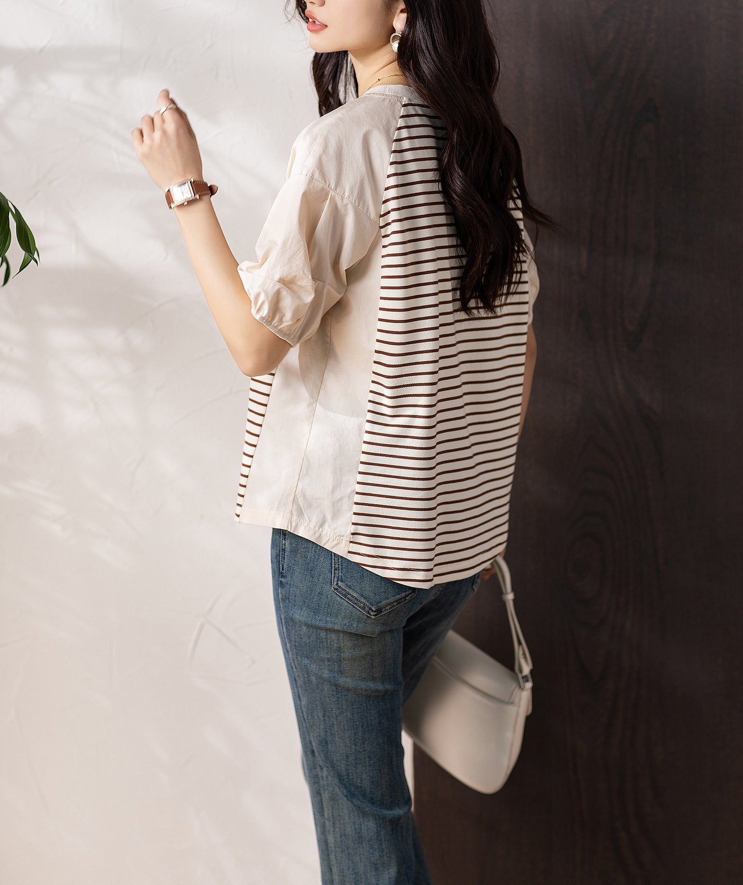 Women's Stripe Short Sleeve Patchwork Blouse