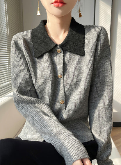 Chic Contrast Collar Knit Cardigan – Vintage Button Ribbed Sweater Top