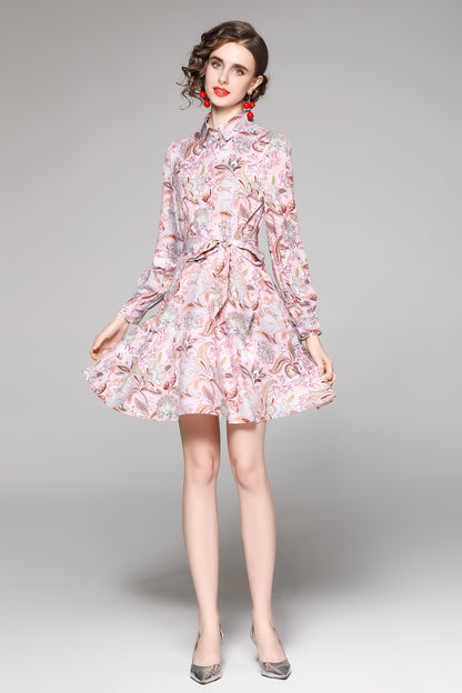 SSY-Women's Long Sleeve Lapel Collar Floral Mini Dress