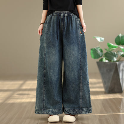 26-Women's Denim Wide Leg Baggy Elastic Waist  Jeans