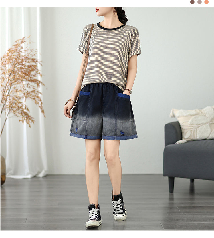 Women's Baggy Pull On Jeans Ripped Denim Shorts - LAI MENG FIVE CATS