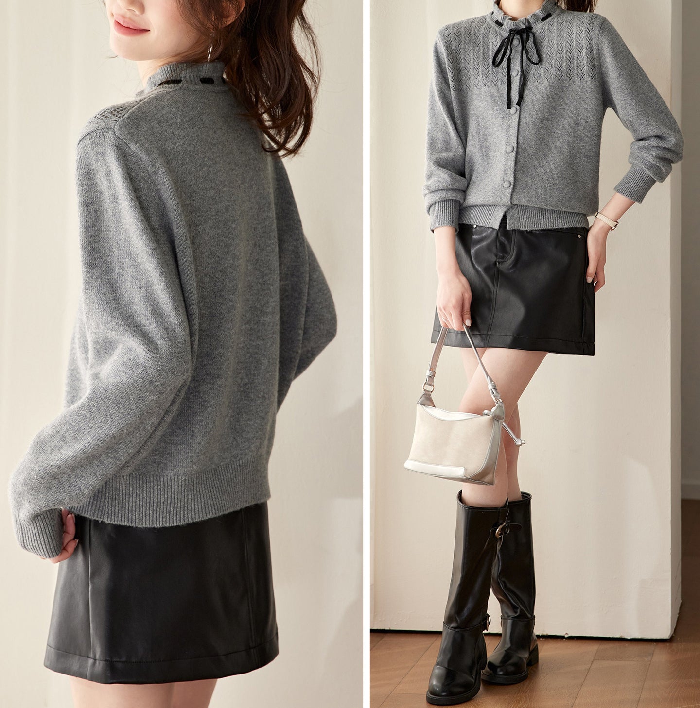 Ribbon Tie Knit Cardigan Long Sleeve Elegant Sweater Tops