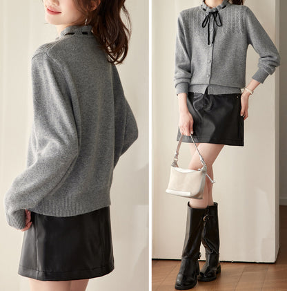 Ribbon Tie Knit Cardigan Long Sleeve Elegant Sweater Tops