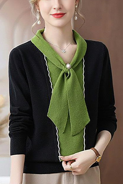 Women's Tie Neck Sweater Color Block Knit Pullover Tops