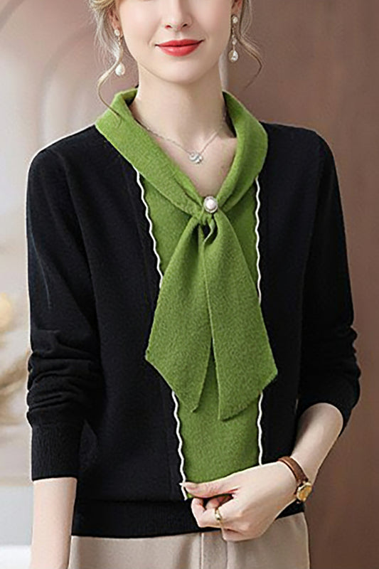 Women's Tie Neck Sweater Color Block Knit Pullover Tops