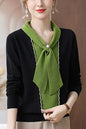 Women's Tie Neck Sweater Color Block Knit Pullover Tops