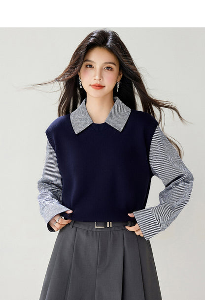 Women's Collared Stirpe Long Sleeve Pullover Sweater