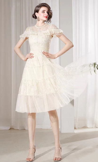 Sequin Lace Ruffle Midi Dress – Ivory