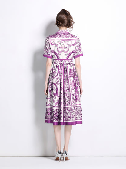 Women's Floral Print Short Sleeve Collar Midi Dress