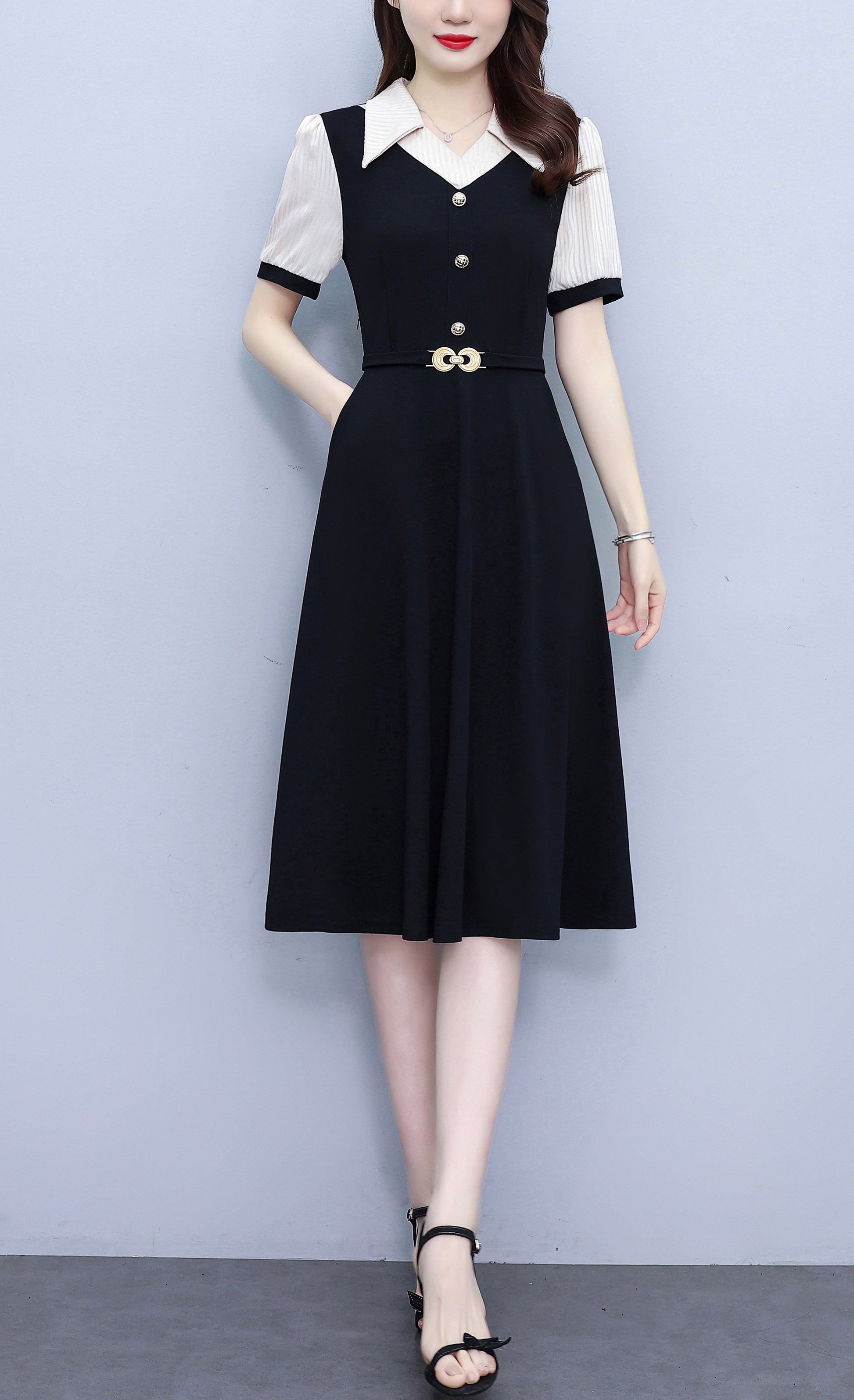 Women's Lapel V-Neck Pocket Short Sleeve Midi Dress - LAI MENG FIVE CATS