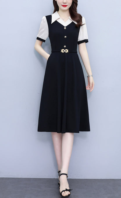 Women's Lapel V-Neck Pocket Short Sleeve Midi Dress - LAI MENG FIVE CATS