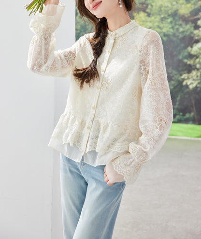 Ivory Lace Embroidered Button-Front Blouse
