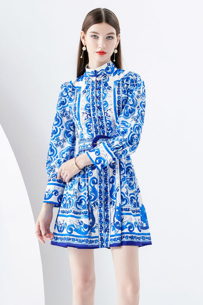 Women's Pattern Button Long Sleeve Casual A-line Mini Dress