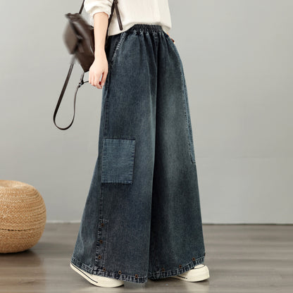 28667-Vintage Denim Wide-Leg Pants with Buttons Trim & Patch Pockets