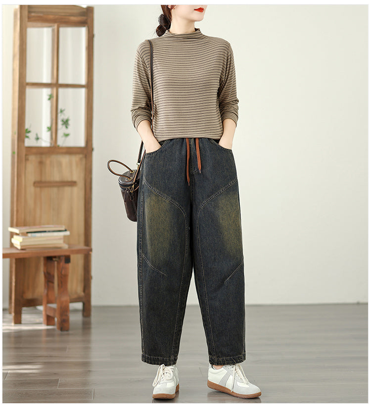 Women's Baggy Jeans Elastic Waist Harem Barrel Denim