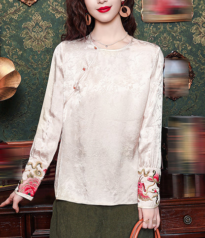 Elegant Chinese Style Jacquard Embroidered Blouse with Frog Buttons