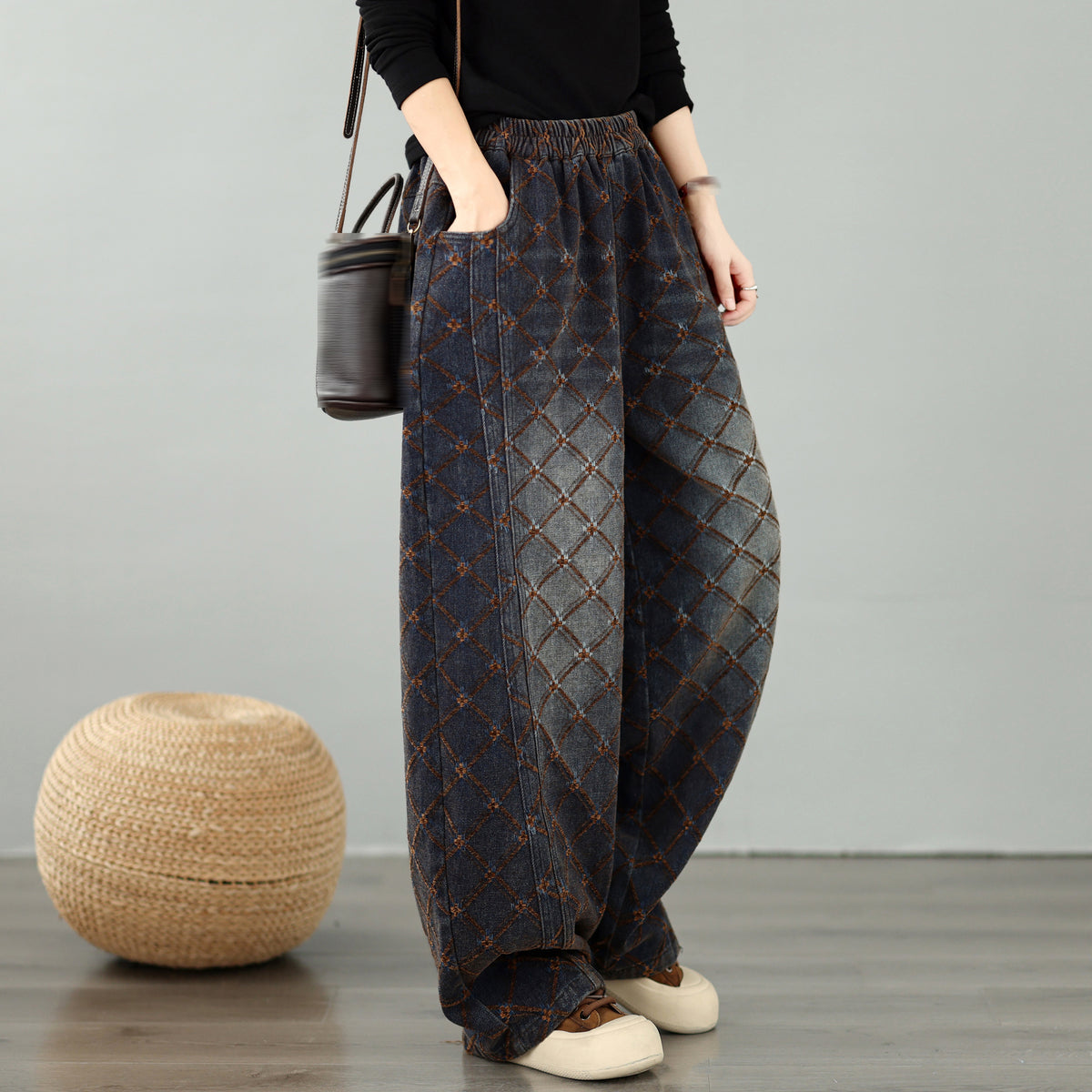 28673-Vintage Plaid Denim Wide Leg Pants with Elastic Waist