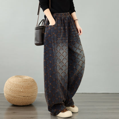 28673-Vintage Plaid Denim Wide Leg Pants with Elastic Waist