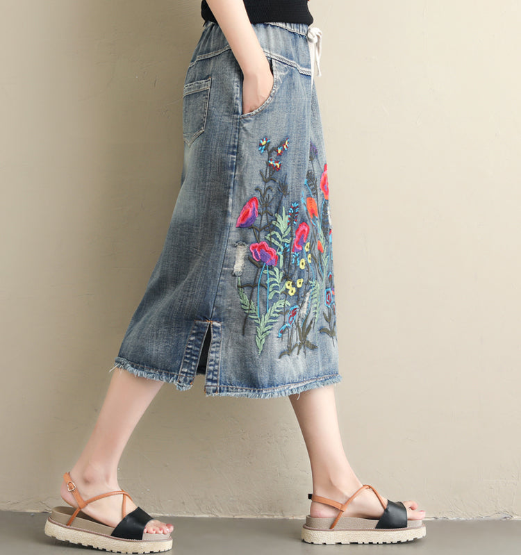 Embroidered Floral Denim Midi Skirt