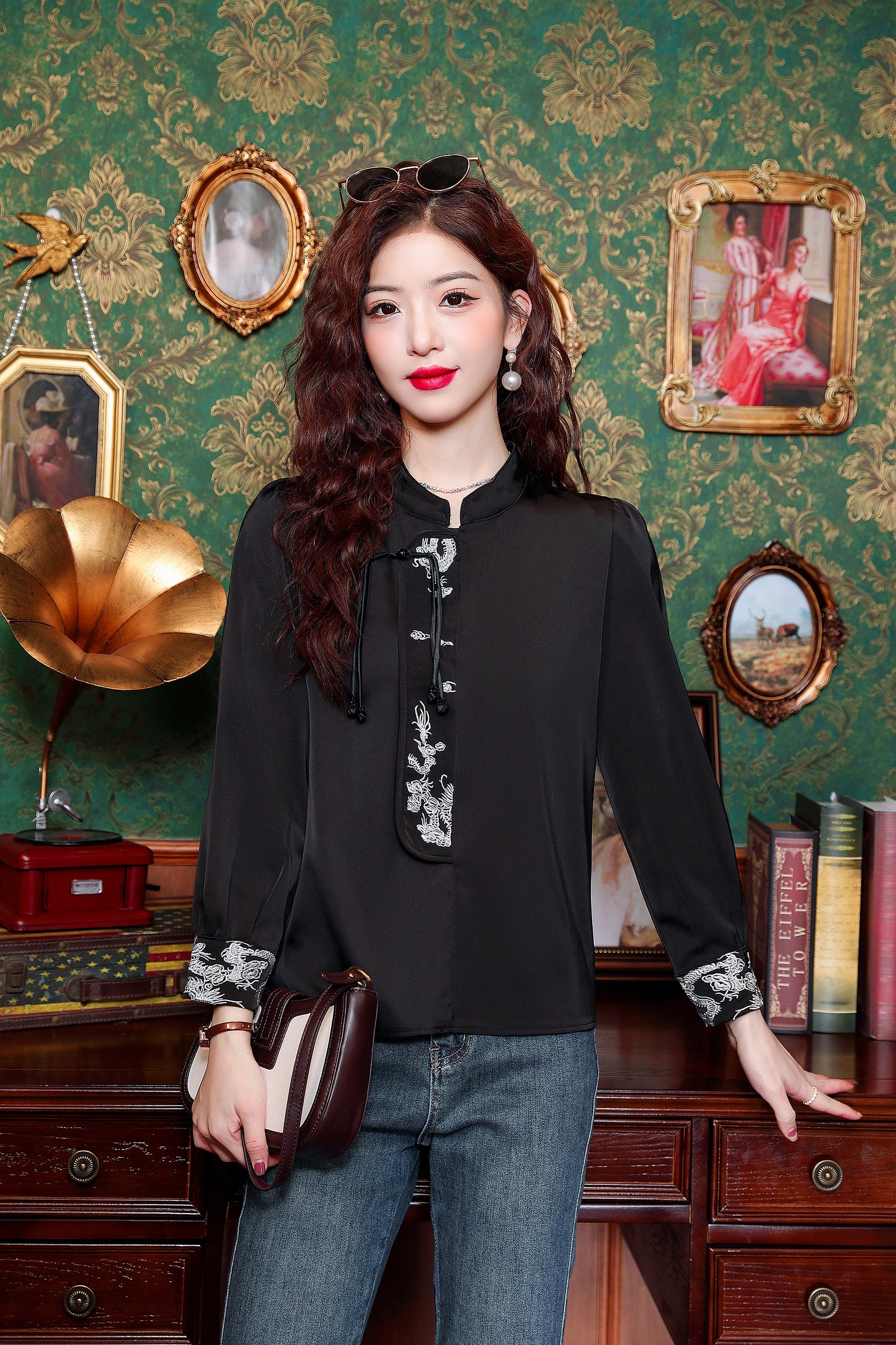 Women's Silk Satin Embroidery Jacquard Blouses