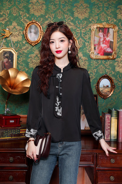 Women's Silk Satin Embroidery Jacquard Blouses