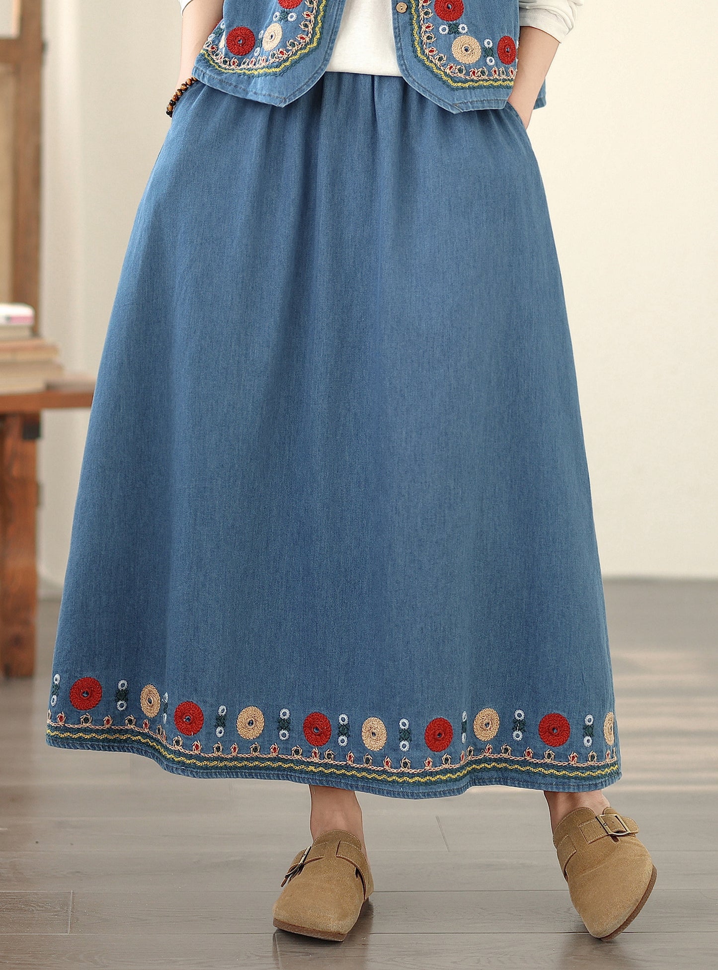 Women's Embroidered Elastic Waist Denim Jean Maxi Skirt Pocket - LAI MENG FIVE CATS