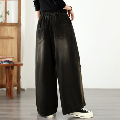 Vintage Washed Wide-Leg Jeans with Boho Embroidery
