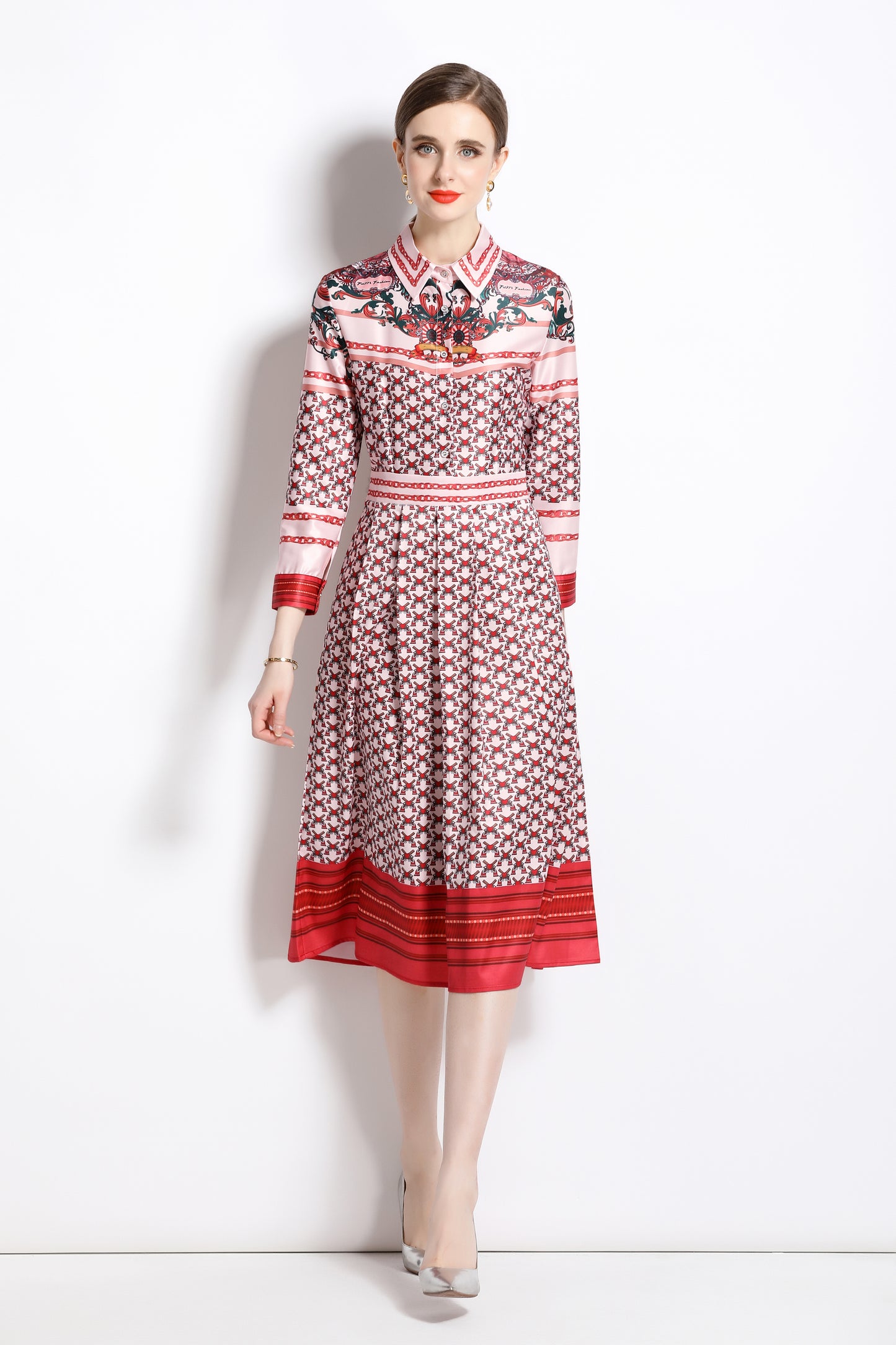 FSY-Women's Floral Print Button A-line Flowy Midi Dress