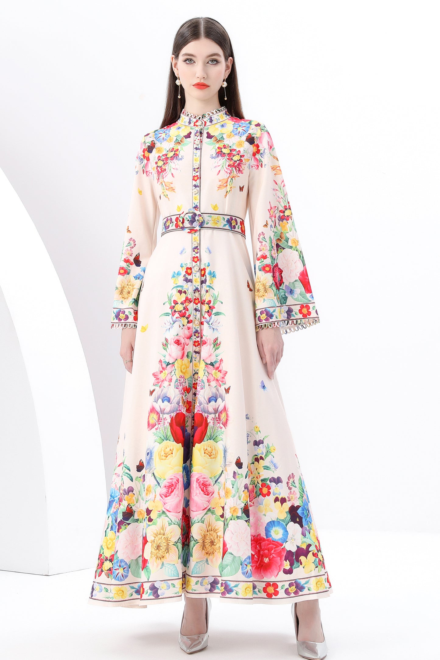 Women's Printed Button Flared Long Sleeves Maxi Dress