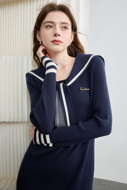 Women's V-Neck Sailor Stripe Sweater Knit Midi Dress