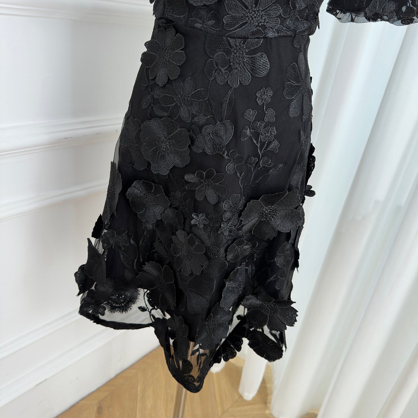 Black Floral Embroidered V-neck Mini Dress