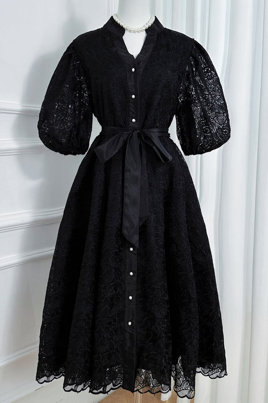 Women's Lace Embroidery Puff Sleeve Midi Dress
