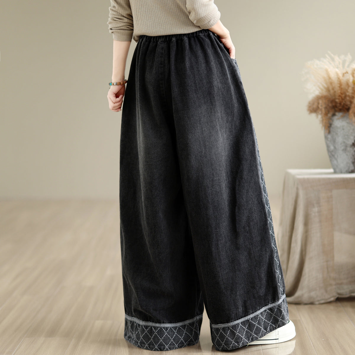 28666-Vintage Denim Wide Leg Palazzo Pants with Elastic Waist & Pockets