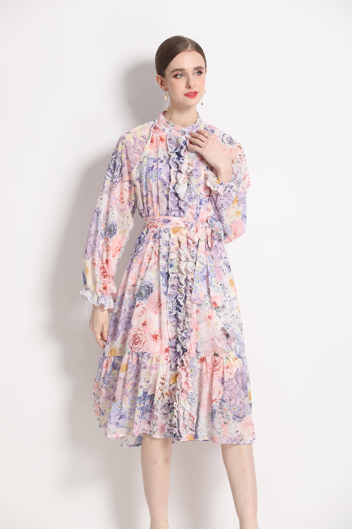 FSY-Women's Floral Puff Sleeve Button Loose Ruffle Midi Dress