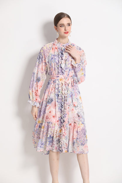 FSY-Women's Floral Puff Sleeve Button Loose Ruffle Midi Dress