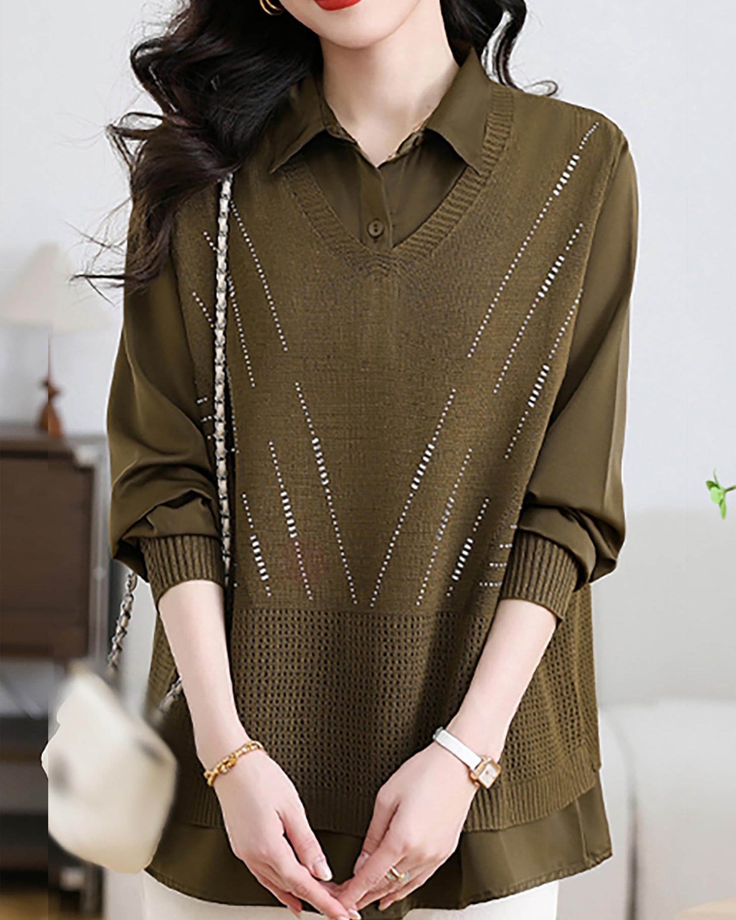 Women's 2-in-1 Layered Knit Vest Top — Shirt Collar with Dotted Trim