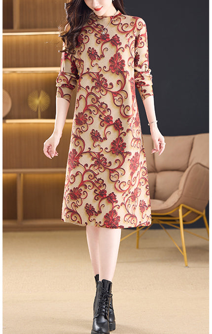 Women's Fall Long Sleeve Knitted Sweater Midi Dress