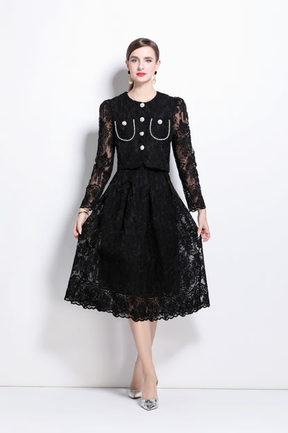 2 Pieces Chiffon Lace Button Midi Dress