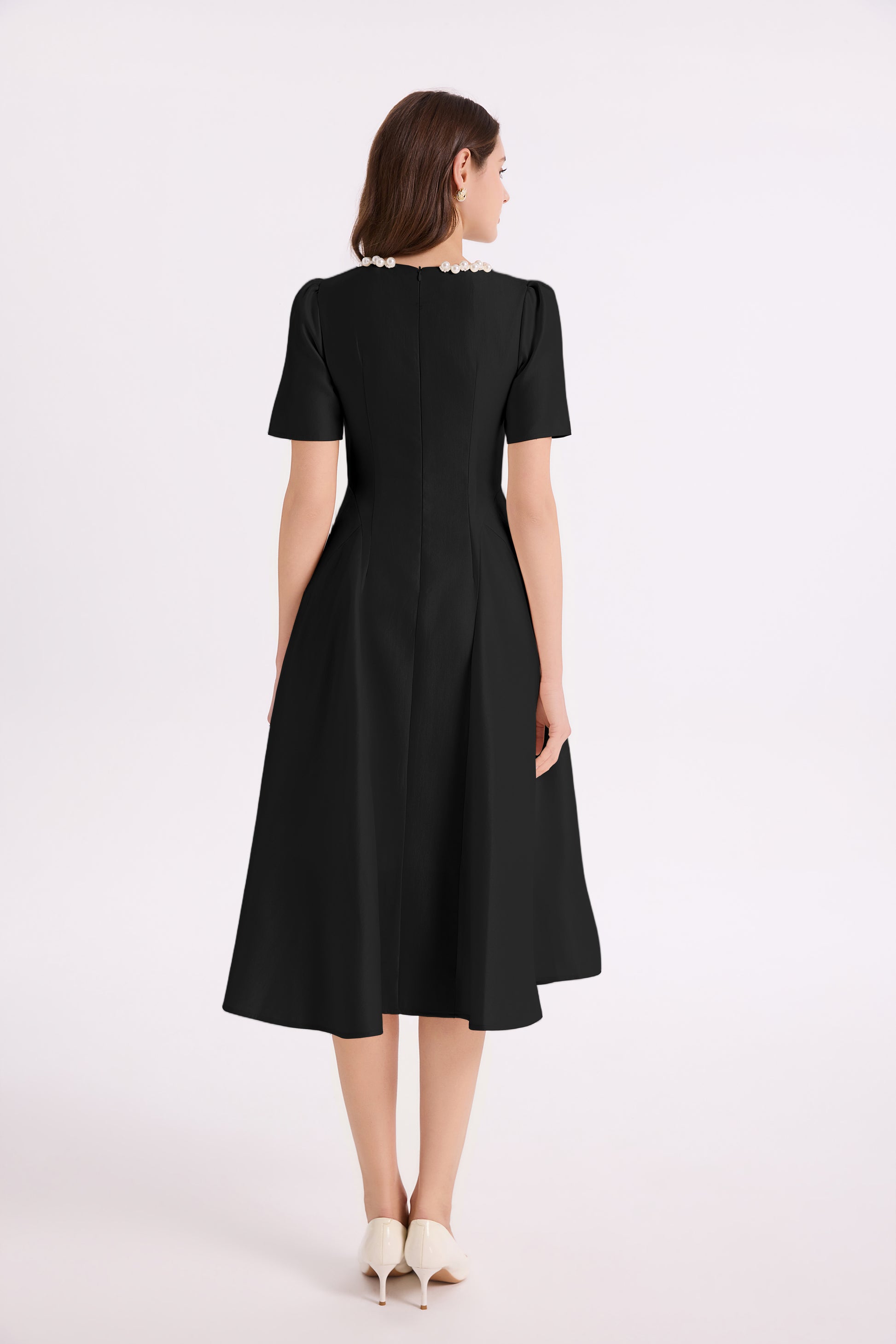 Elegant Pearl-Trim A-Line Midi Dress - LAI MENG FIVE CATS