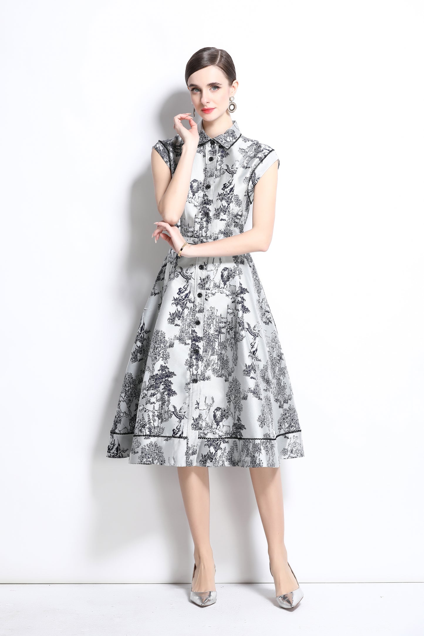 Women's Jacquard Cap Sleeve Button Rockabilly Dress