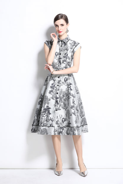 Women's Jacquard Cap Sleeve Button Rockabilly Dress