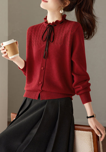Ribbon Tie Knit Cardigan Long Sleeve Elegant Sweater Tops