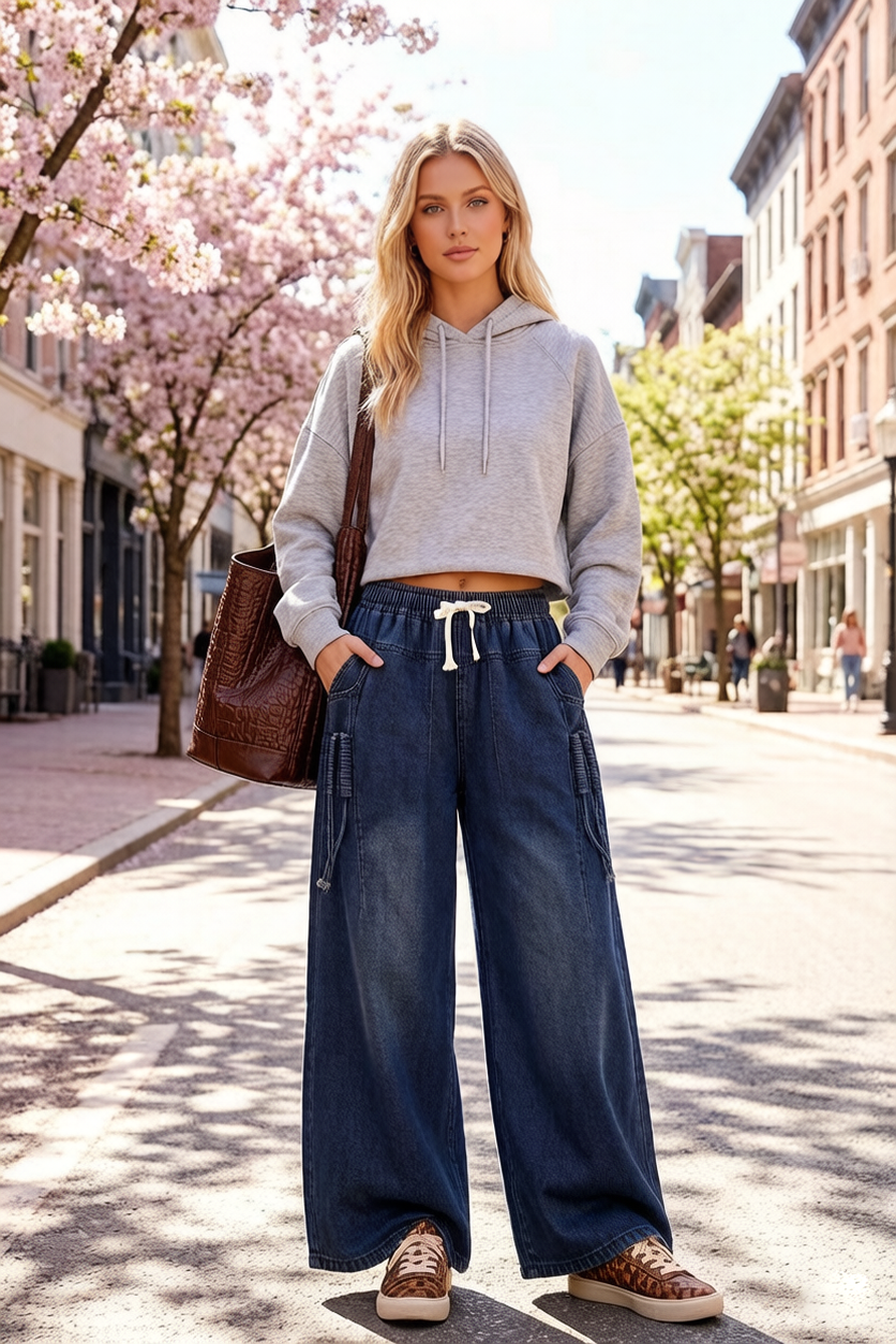 Jeans for Women Wide Leg Pull On Elastic Waist Denim - LAI MENG FIVE CATS