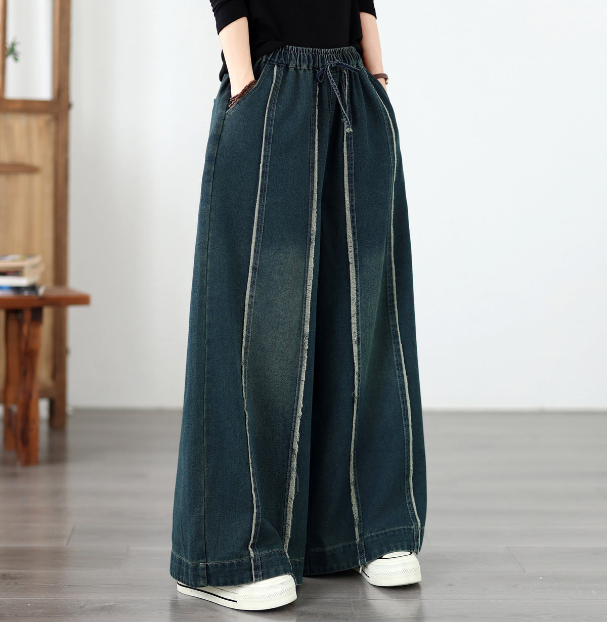 Vintage Denim Wide Leg Pants - Elastic Waist Drawstring & Distressed Seam Details