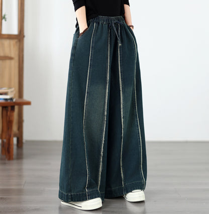 Vintage Denim Wide Leg Pants - Elastic Waist Drawstring & Distressed Seam Details
