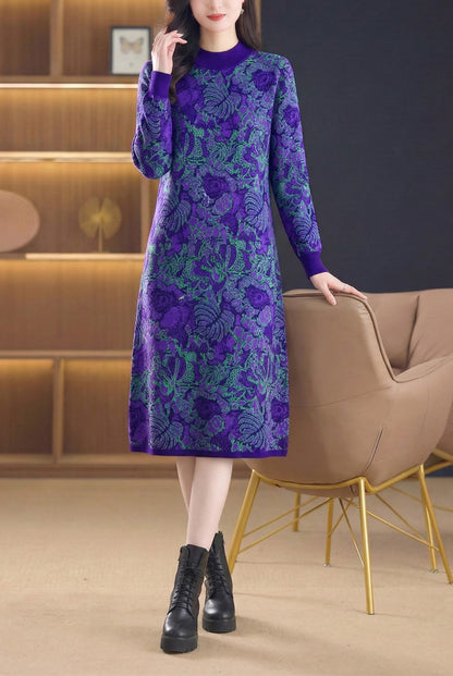 Women's Long Sleeve Knit Stretch Sweater Midi Dress