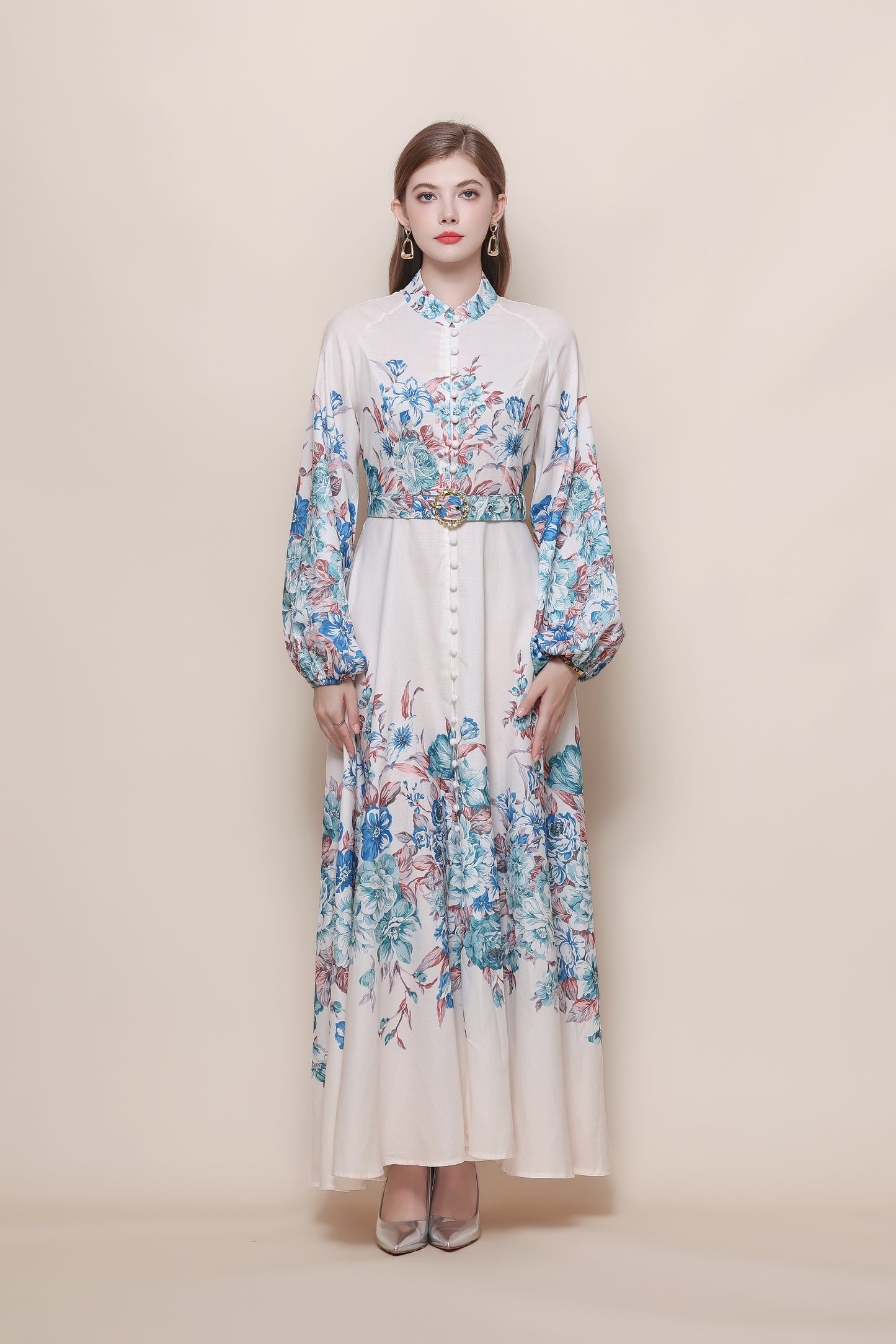 26-Women's Floral Print Puff Sleeve Button Maxi Dress - LAI MENG FIVE CATS