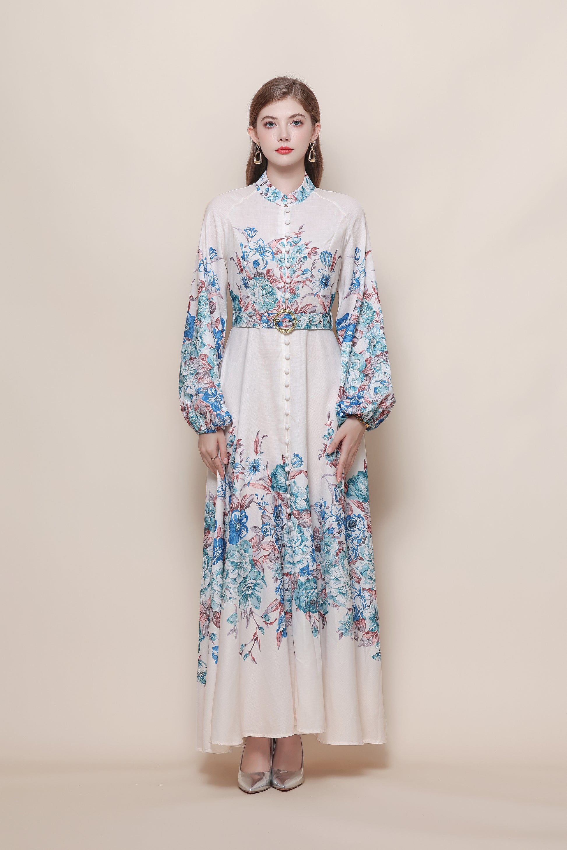26-Women's Floral Print Puff Sleeve Button Maxi Dress - LAI MENG FIVE CATS