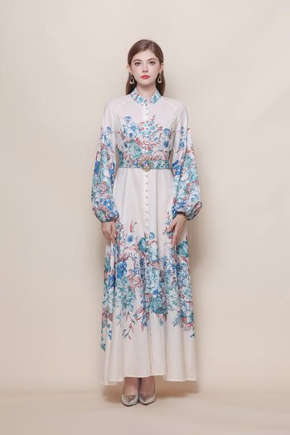 26-Women's Floral Print Puff Sleeve Button Maxi Dress - LAI MENG FIVE CATS